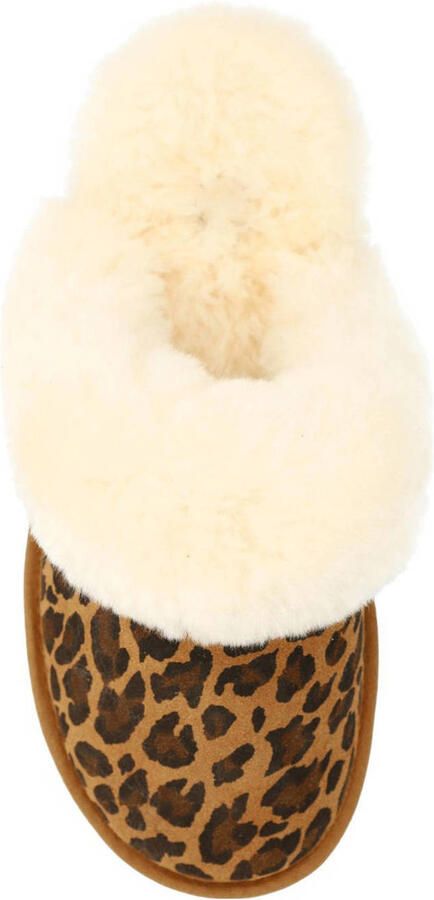 Manfield Dames Beige leopard pantoffels met bontvoering