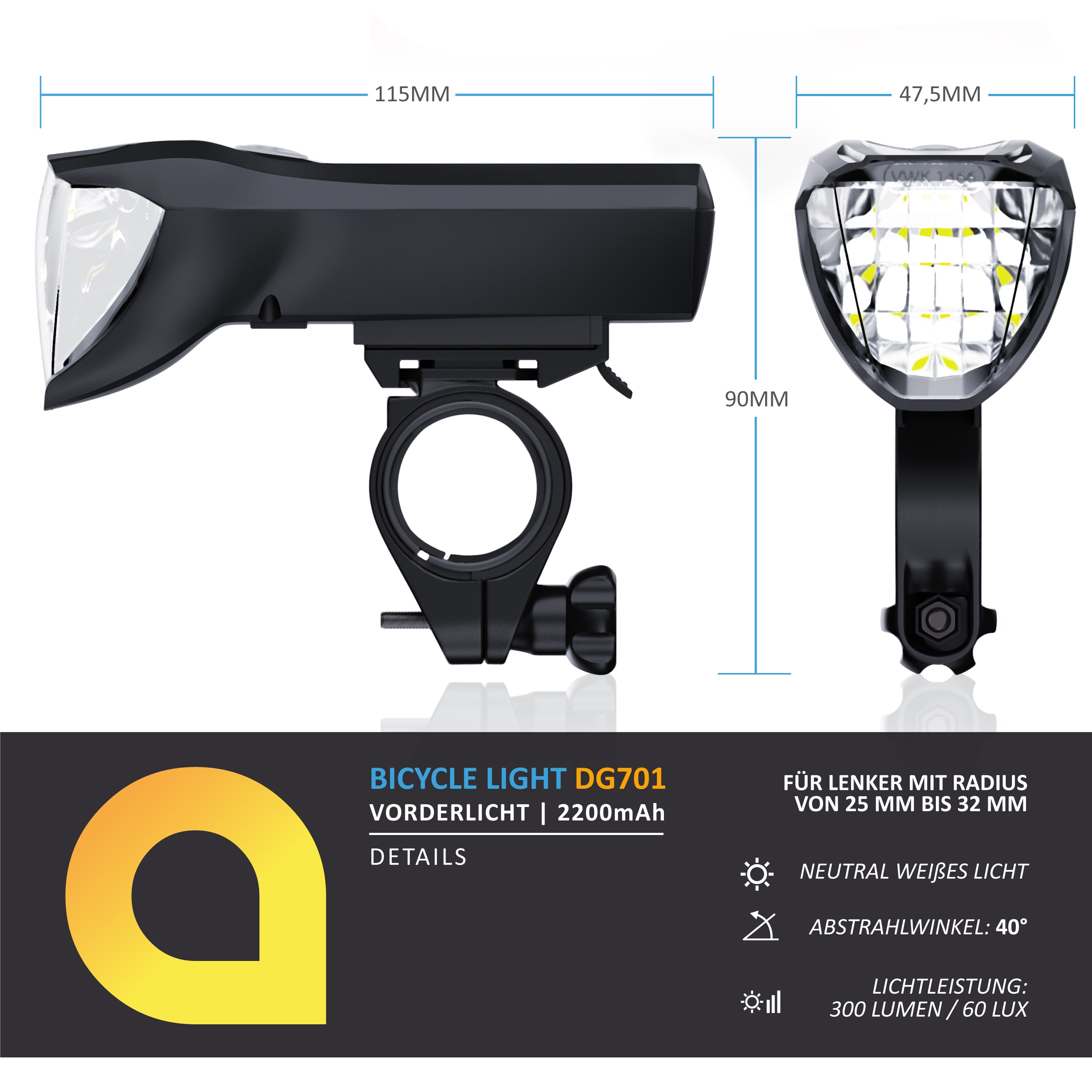 Aplic LED Akku Fahrrad Frontlicht Vorderlicht mit 50 LUX - zugelassen nach StVZO