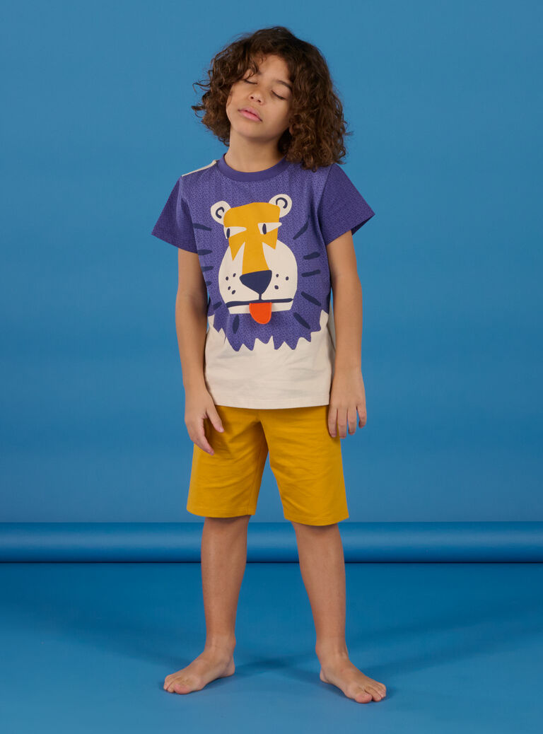 Pyjama gris clair, jaune et bleu à motif tête de lion