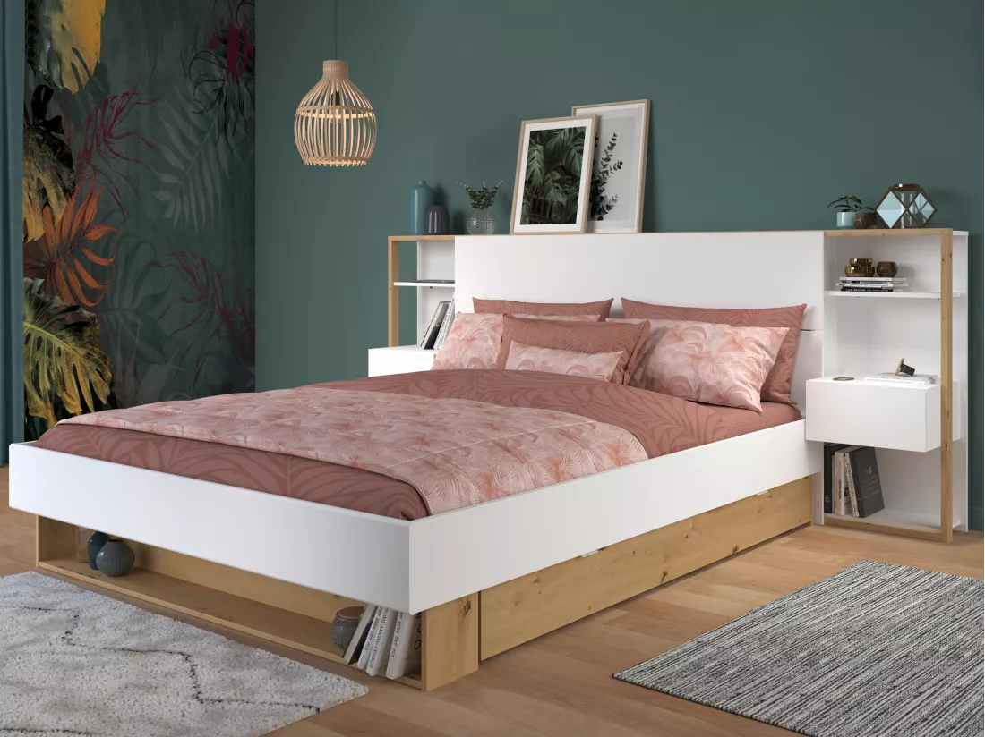 Lit avec chevets et rangements 160 x 200 cm - Coloris : Blanc et naturel + Sommier - MISTA