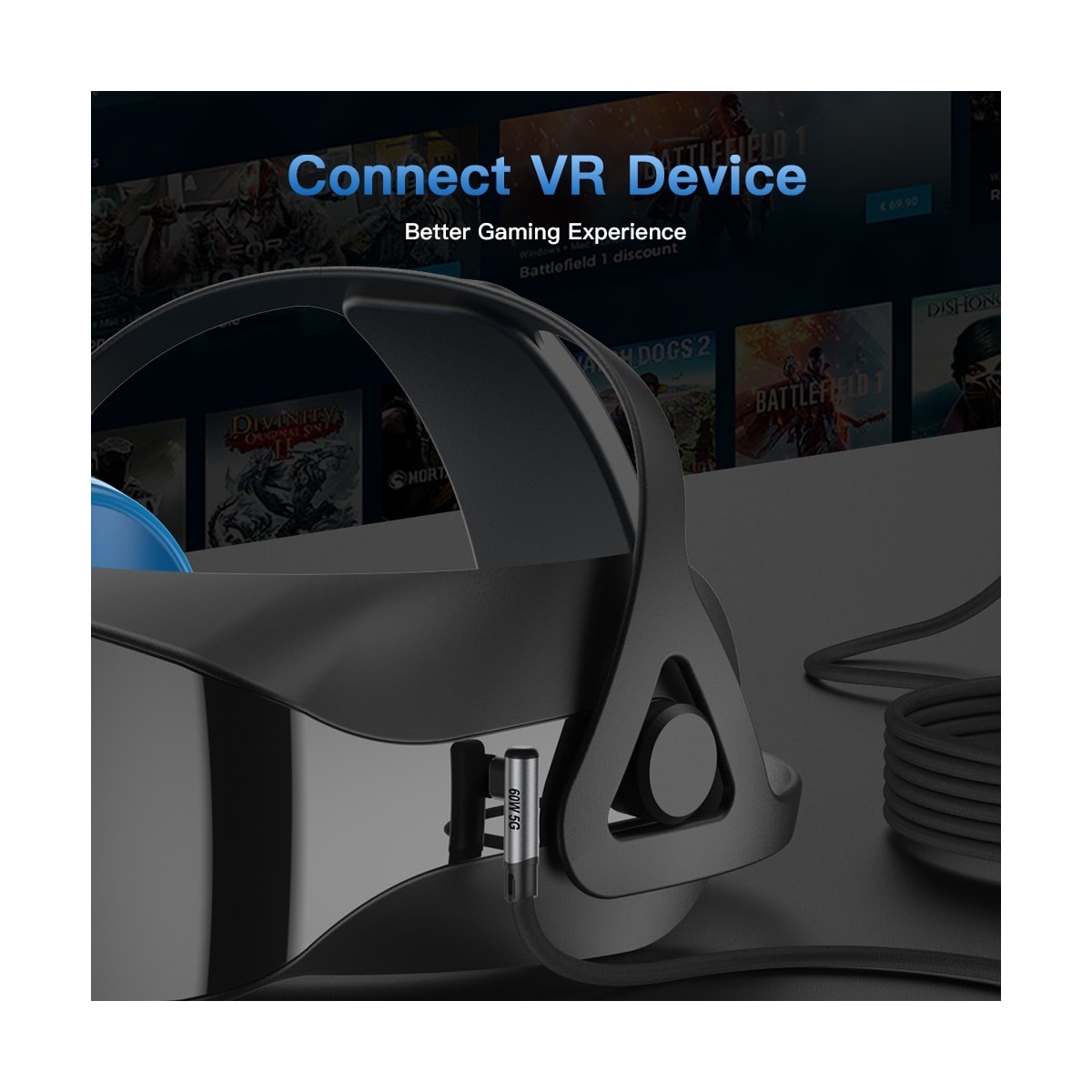 NÖRDIC VR Link-kabel 5m USB3.2 Gen1 USB-C til C 5Gbps 3A hurtiglading Quest 2 Super Speed ​​​​USB Link-kabel Svart