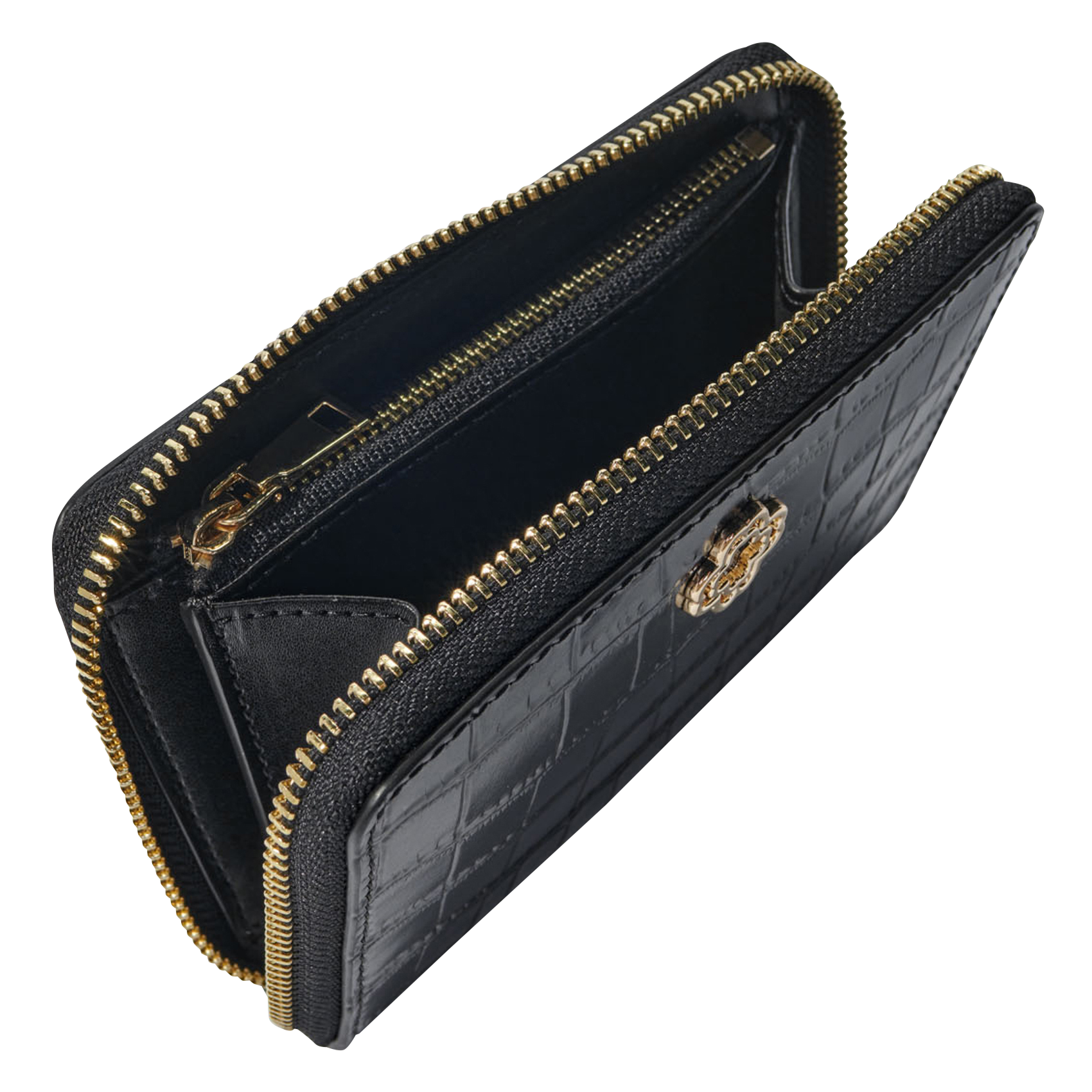 CLOVER - Portefeuille en cuir embossé croco | Noir