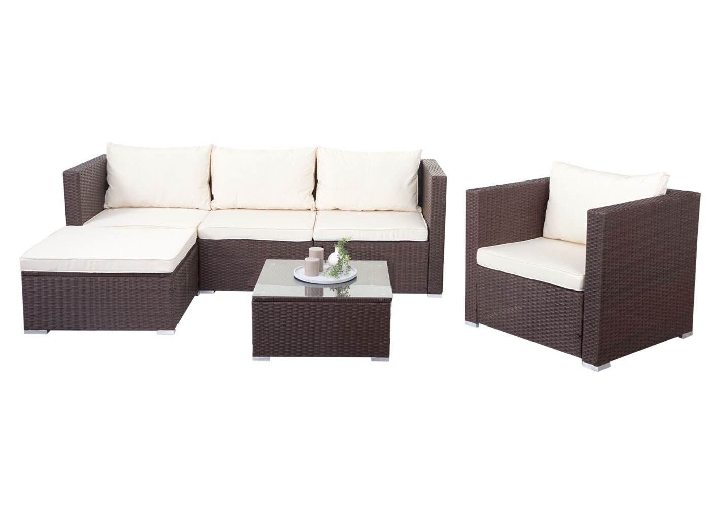 Poly-Rattan-Garnitur Busto, Gartengarnitur Sitzgruppe Sofa Lounge-Set ~ braun, Kissen creme