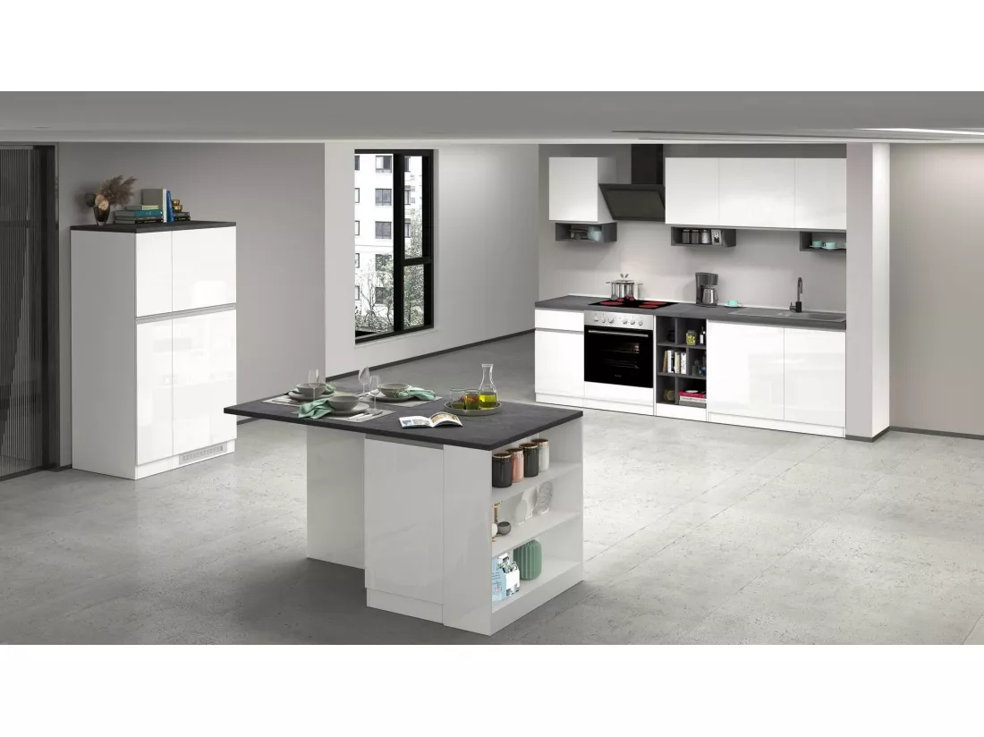 Buffet de Cuisine Dcasiragh, Armoire polyvalente, Meuble de kitchenette, Support réfrigérateur multifonctionnel, 100% Made in Italy, 30x60h165 cm, Blanc brillant et ardoise
