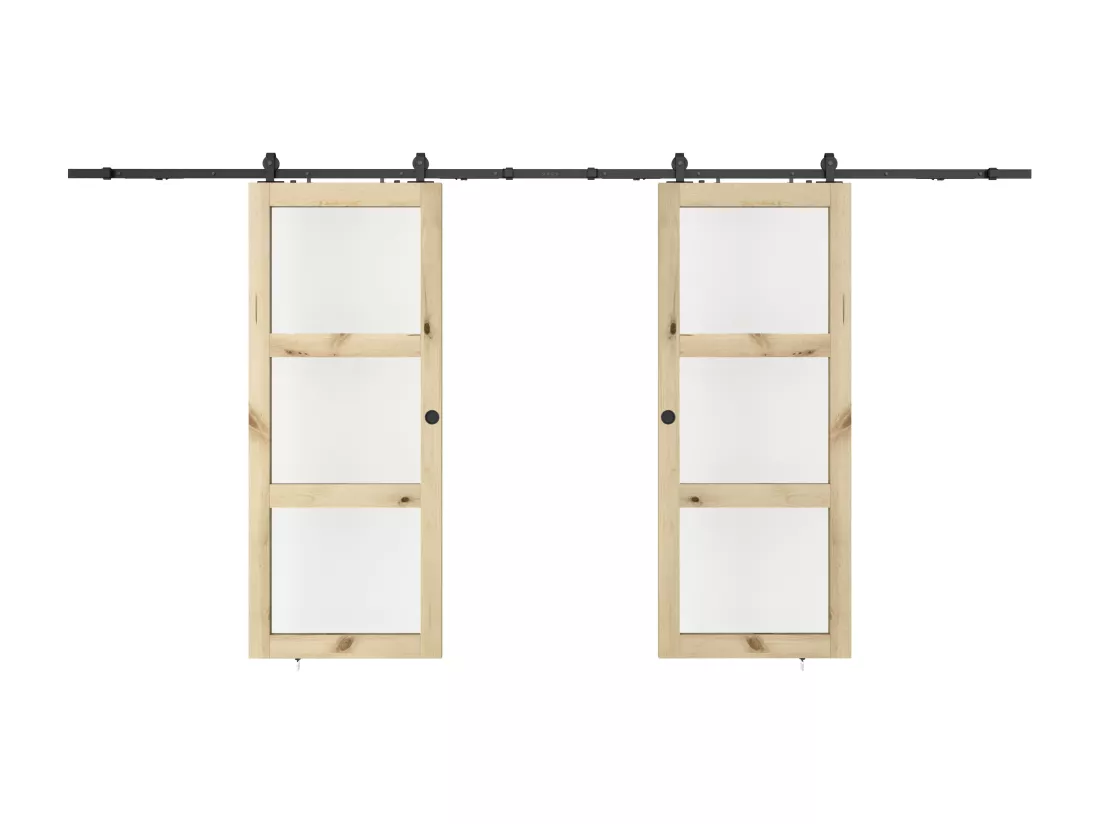 Porte coulissante double avec système en applique en bois et verre trempé dépoli - 3 fenêtres - 2 x H205 x L93 cm - ACOSTA II