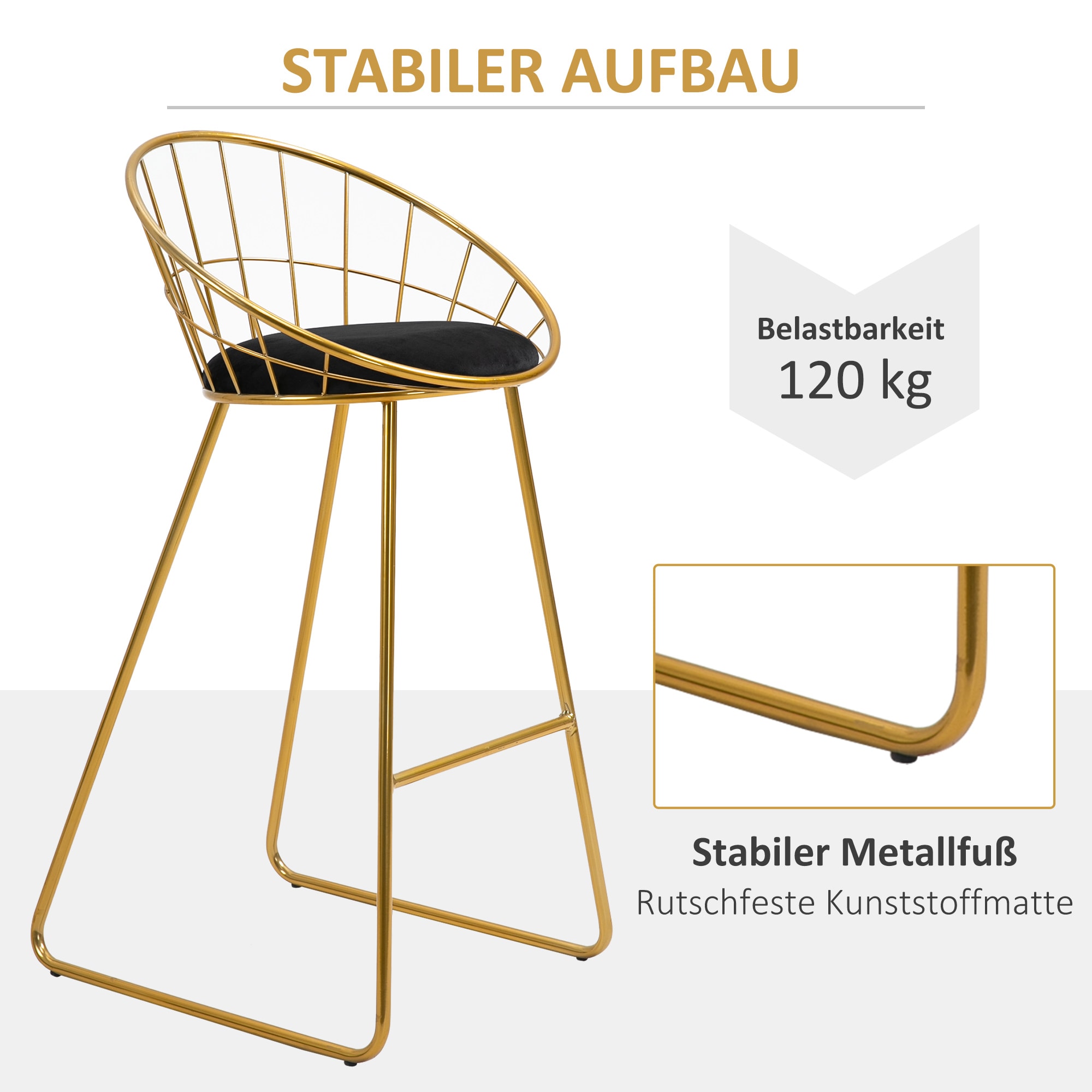 HOMCOM Barstühle im 2er Set schwarz 52,5 x 47 x 97 cm (BxTxH)