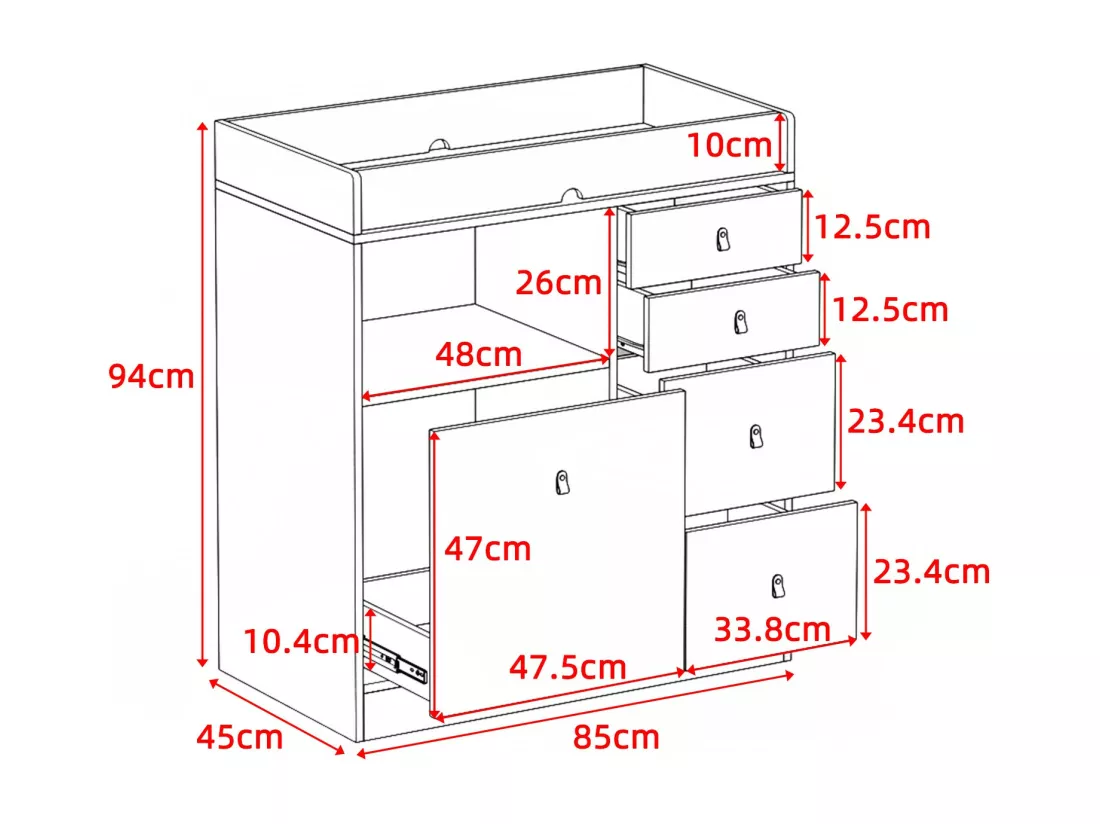 Commode à langer Meuble à langer avec 5 tiroirs Compariment ouverts Chambre bébé 85x46x99cm façade Blanc