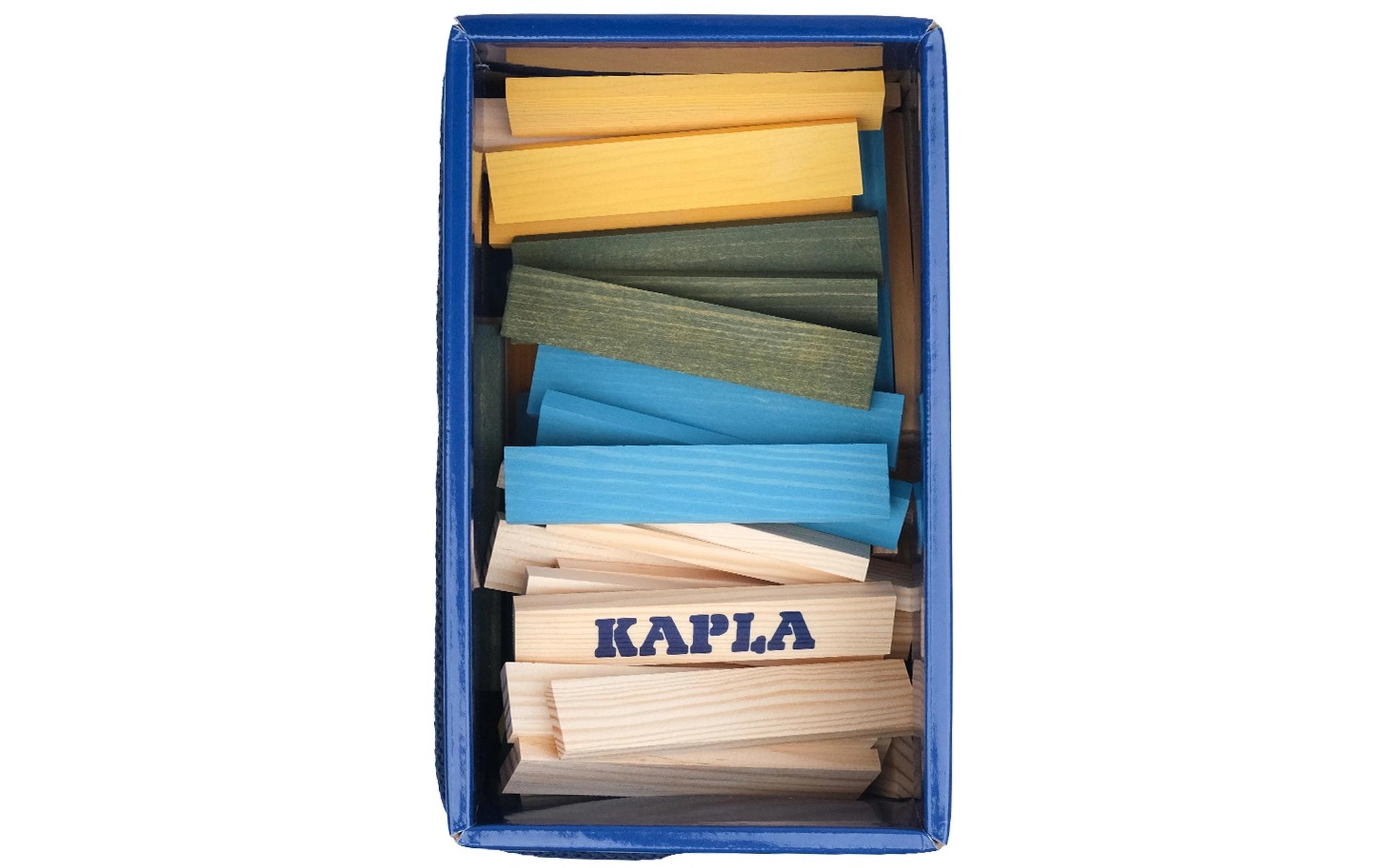 Baukasten 120er Box Hellblau, Gelb, GrünBausteine aus naturbelassenem Pinienholz