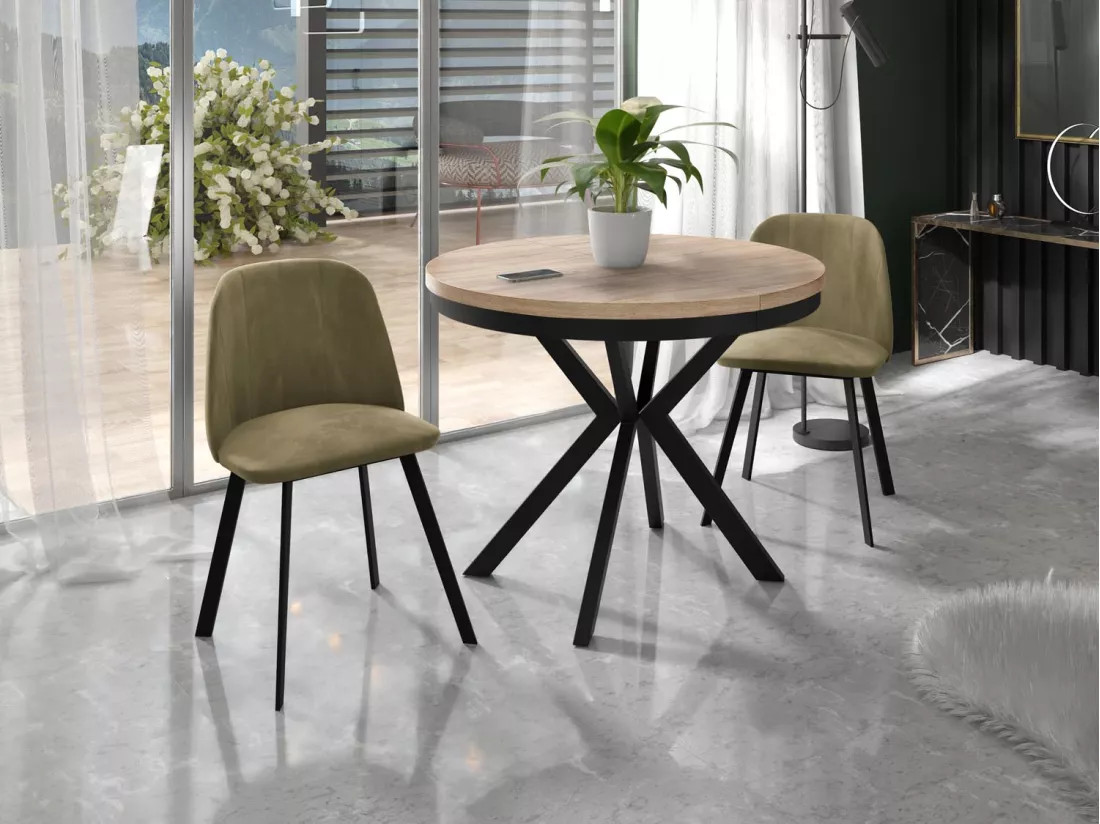 Table à Manger Extensible Ronde - Table Style Loft Avec Pieds En Métal - 100 à 180 Cm - Table Ronde Style Industriel Pour Le Salon - Compacte - Chêne Sonoma/noir