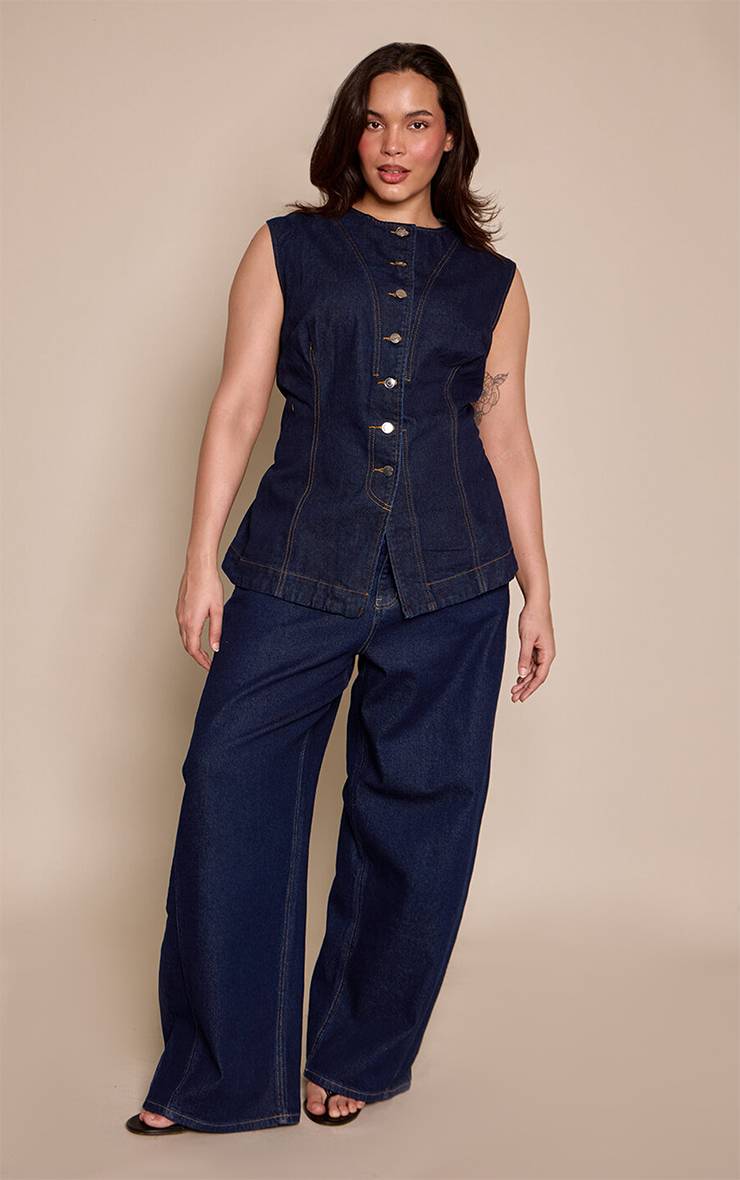 Bleu Indigo Jean Barrel Taille Mi-haute Stretch Grande Taille