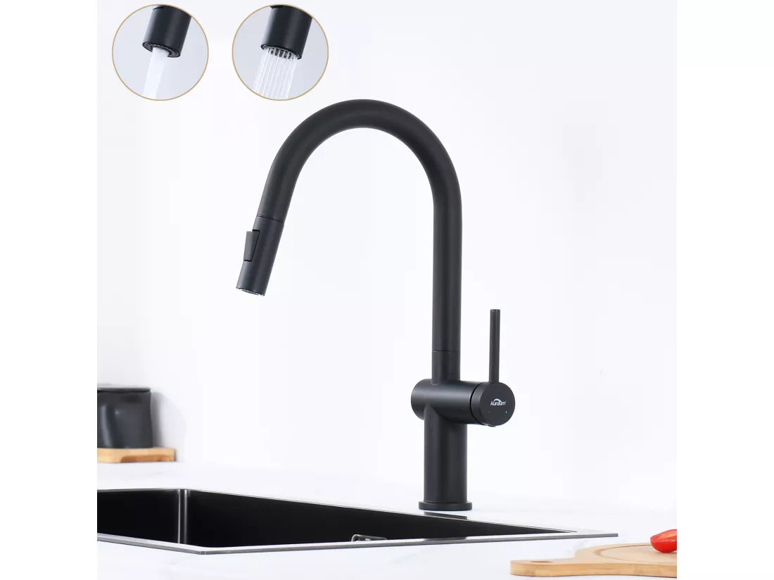 AURALUM MAX Mitigeur Cuisine Douchette Extractible,Robinet Evier avec 2 Fonctions,Robinet Cuisine Noir Pivotant à 360°,Mitigeur Evier Moderne