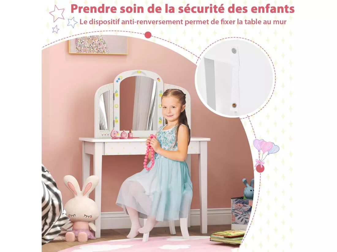 2 en 1 Coiffeuse Enfants avec Tabouret & Miroir à 3 Volets, Table de Maquillage avec Tiroir & Motif d'Ananas, Dispositif Anti-basculement, Charge 30/50kg pour 3 Ans+