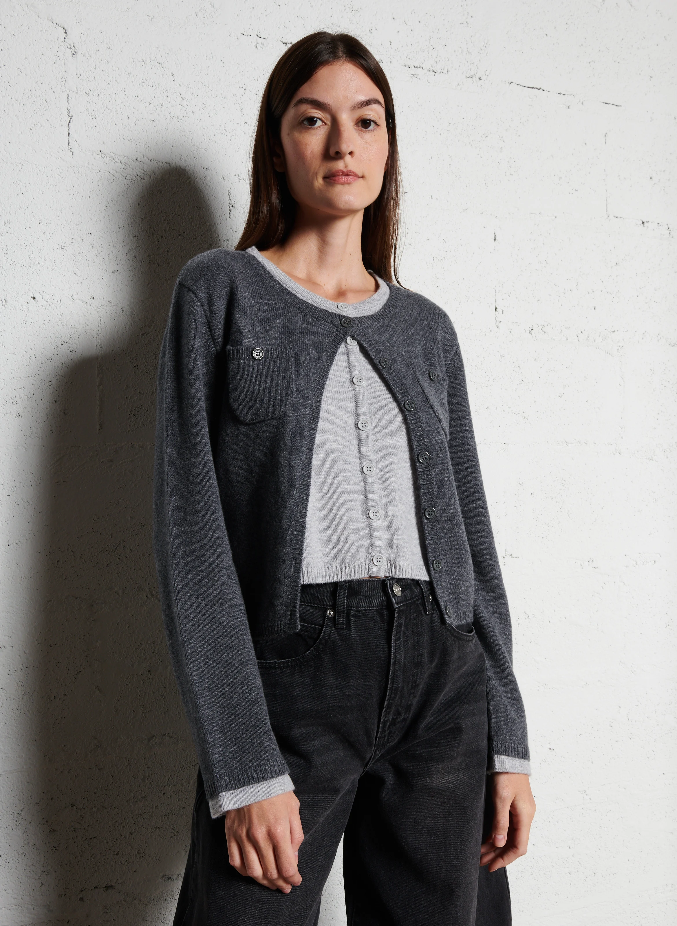 GIGI - Double gilet trompe l'œil en laine et cachemire| Noir