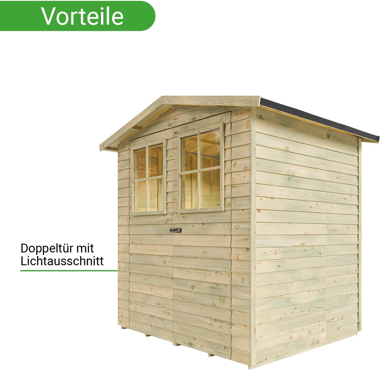 Gerätehaus Hamburg 1 | Gartenhaus | Wandstärke 9 mm | Kesseldruckimprägniert | BxTxH: 180 x 145 x 210 cm | Doppeltür mit Lichtausschnitt | Inkl. Dachpappe + Beschläge