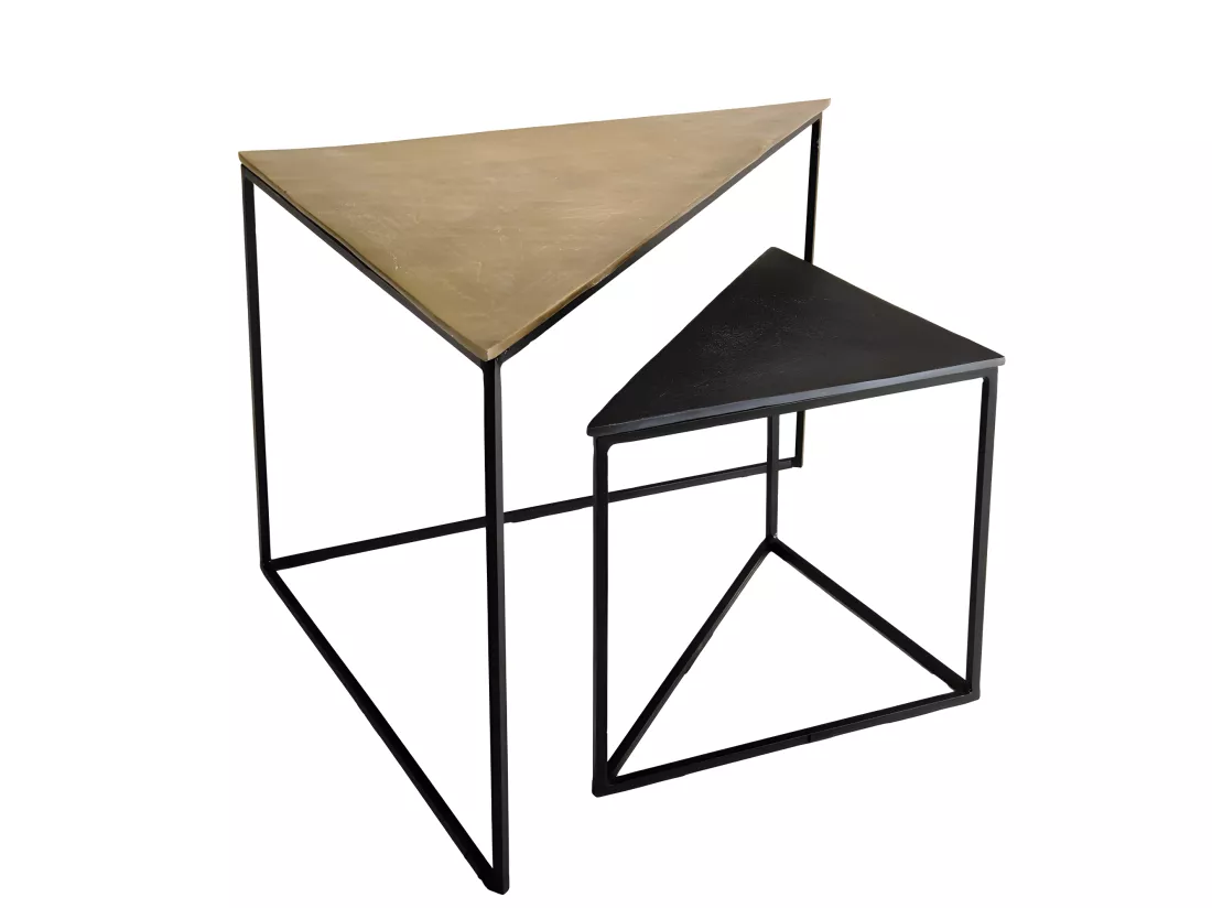 JONAS - Set de 2 tables gigognes triangles aluminium doré et noir - pieds métal noirs