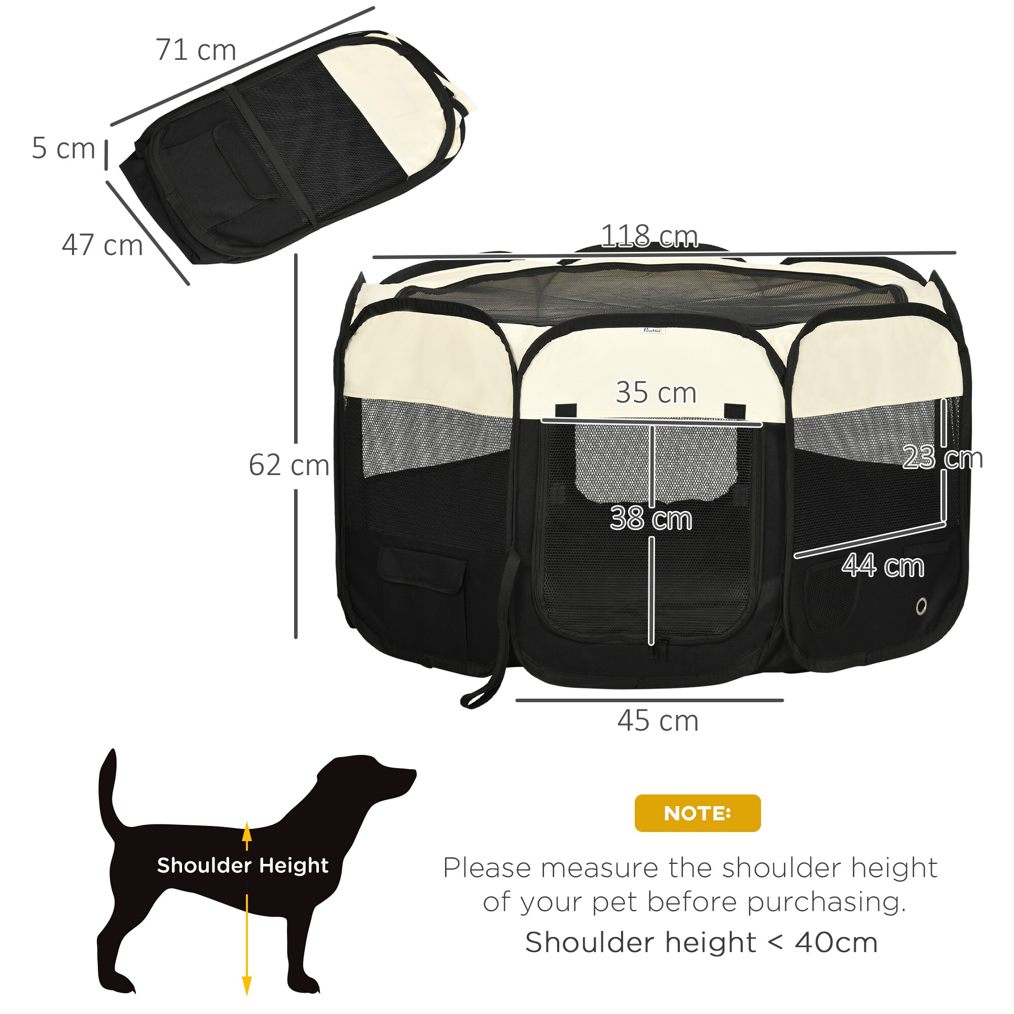 PawHut Welpenlaufstall mit Schutznetz schwarz, weiß 118L x 118B x 62H cm