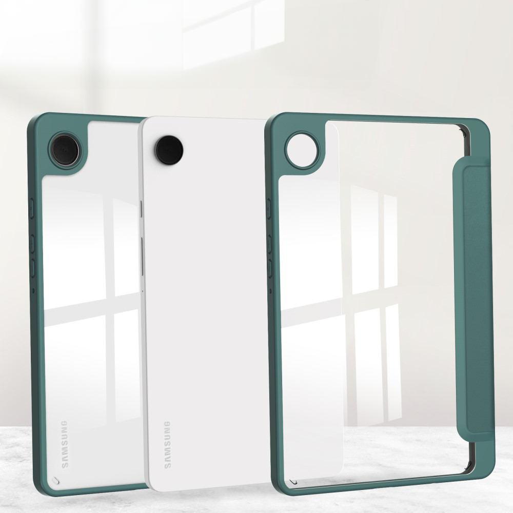 Samsung Galaxy Tab A11 / A9 Smart Cover Hybrid Hülle Leder Tasche Flip Cover   S-Pen Halterung - Dunkelgrün / Transparent