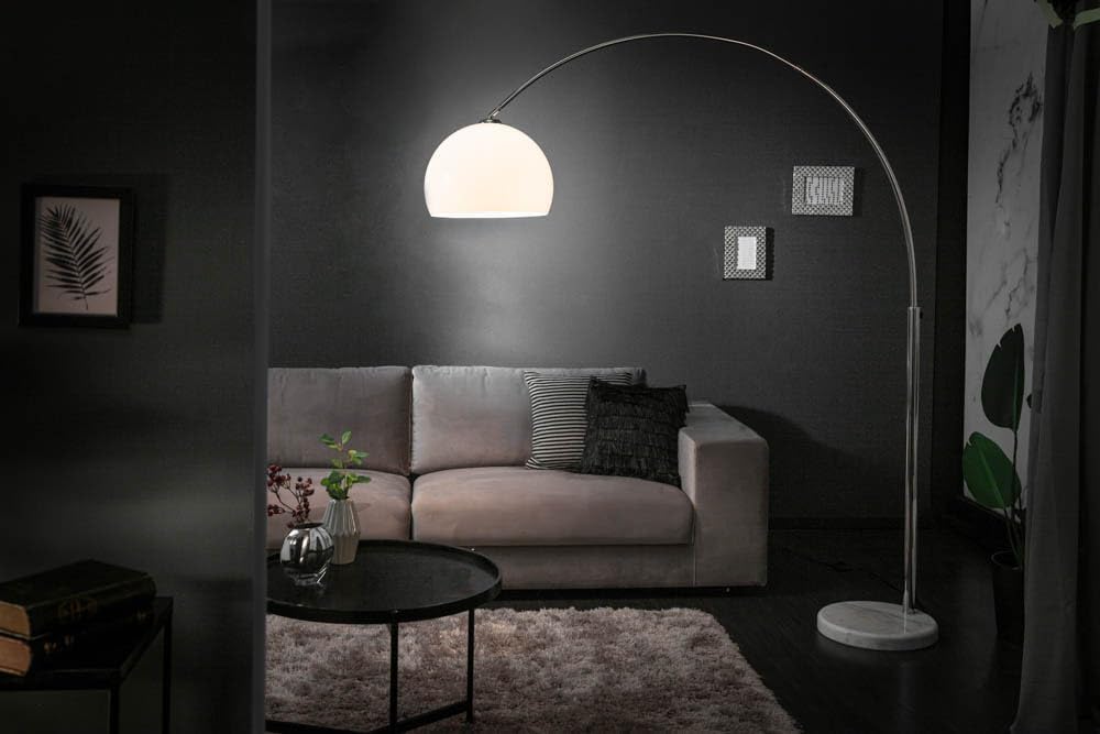 invicta INTERIOR Große Bogenlampe Lounge Deal weiß Marmor Fuß Stehlampe Bogenleuchte ausziehbar E27 Wohnzimmerlampe auch für LED