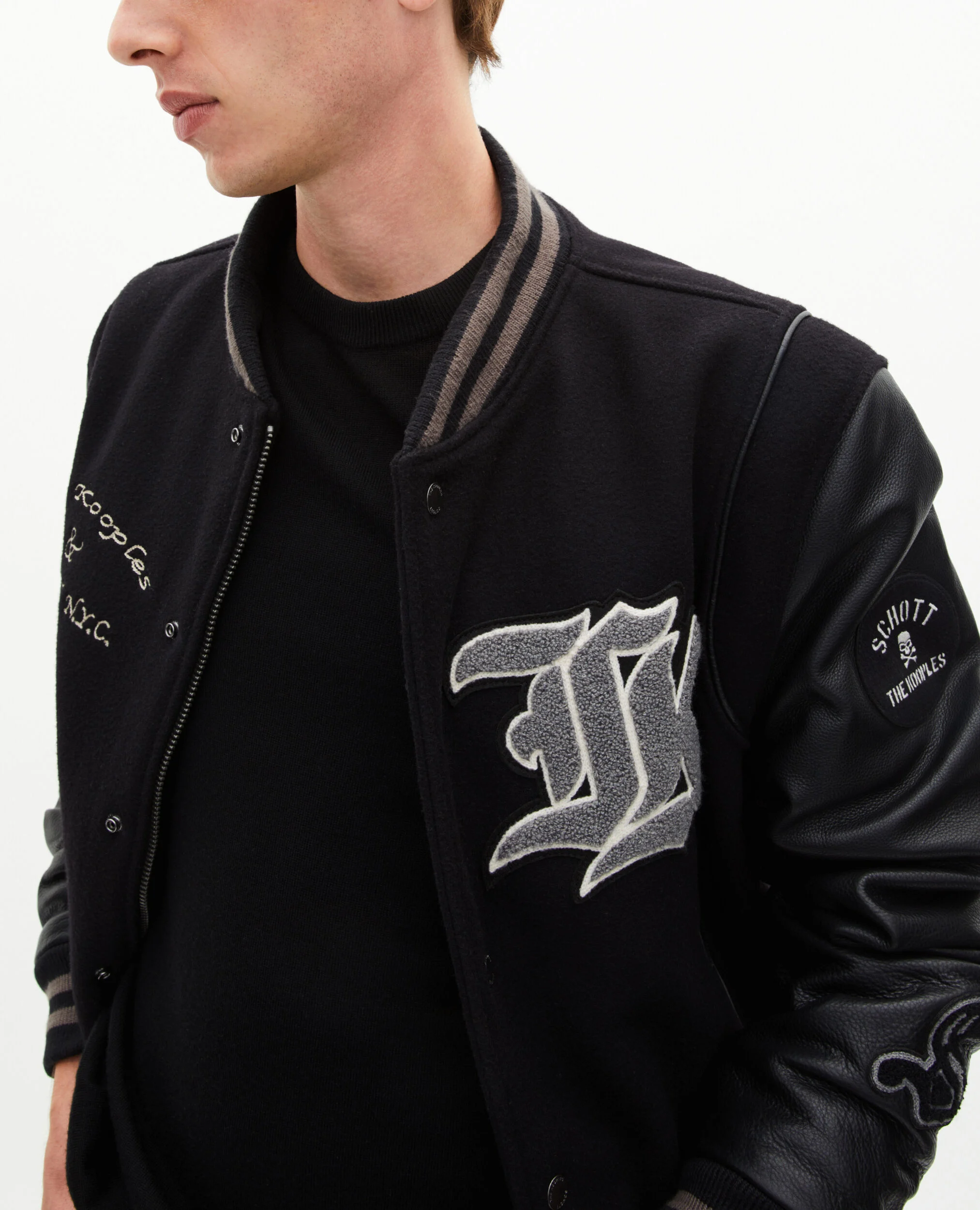 Blouson varsity en cuir noir The Kooples x SCHOTT NYC
