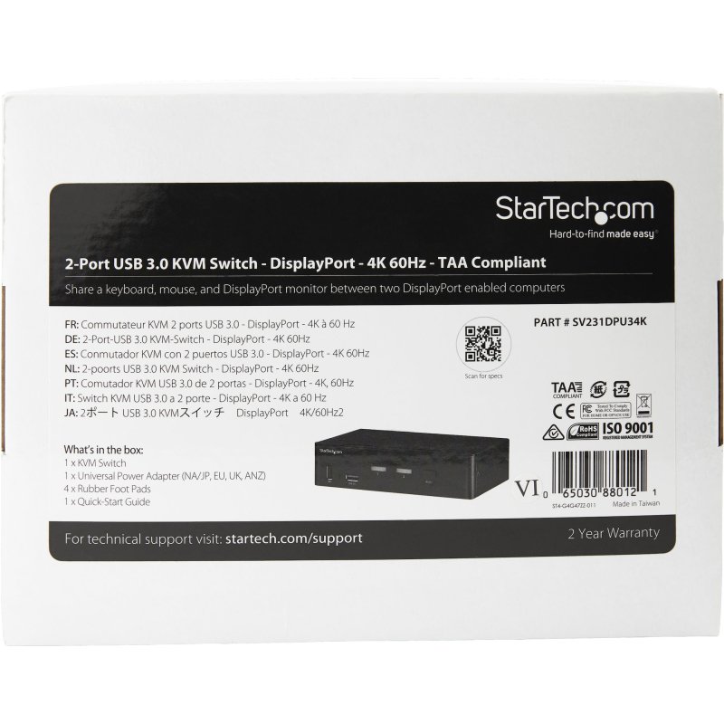 StarTech.com Switch KVM DisplayPort à 2 Ports - 4K60Hz - Écran Unique - Switch KVM USB UHD DP 1.2 à 2 Ports avec Hub USB 3.0 Intégré et Audio - Dell HP Apple Lenovo - Conforme TAA