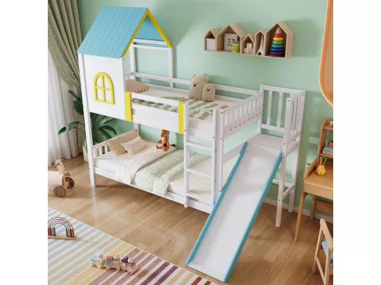 Lits superposés cabane 2 x 90 x 190 cm - avec toit et fenêtre, grille, escalier, toboggan - Pin et MDF - Blanc + Bleu