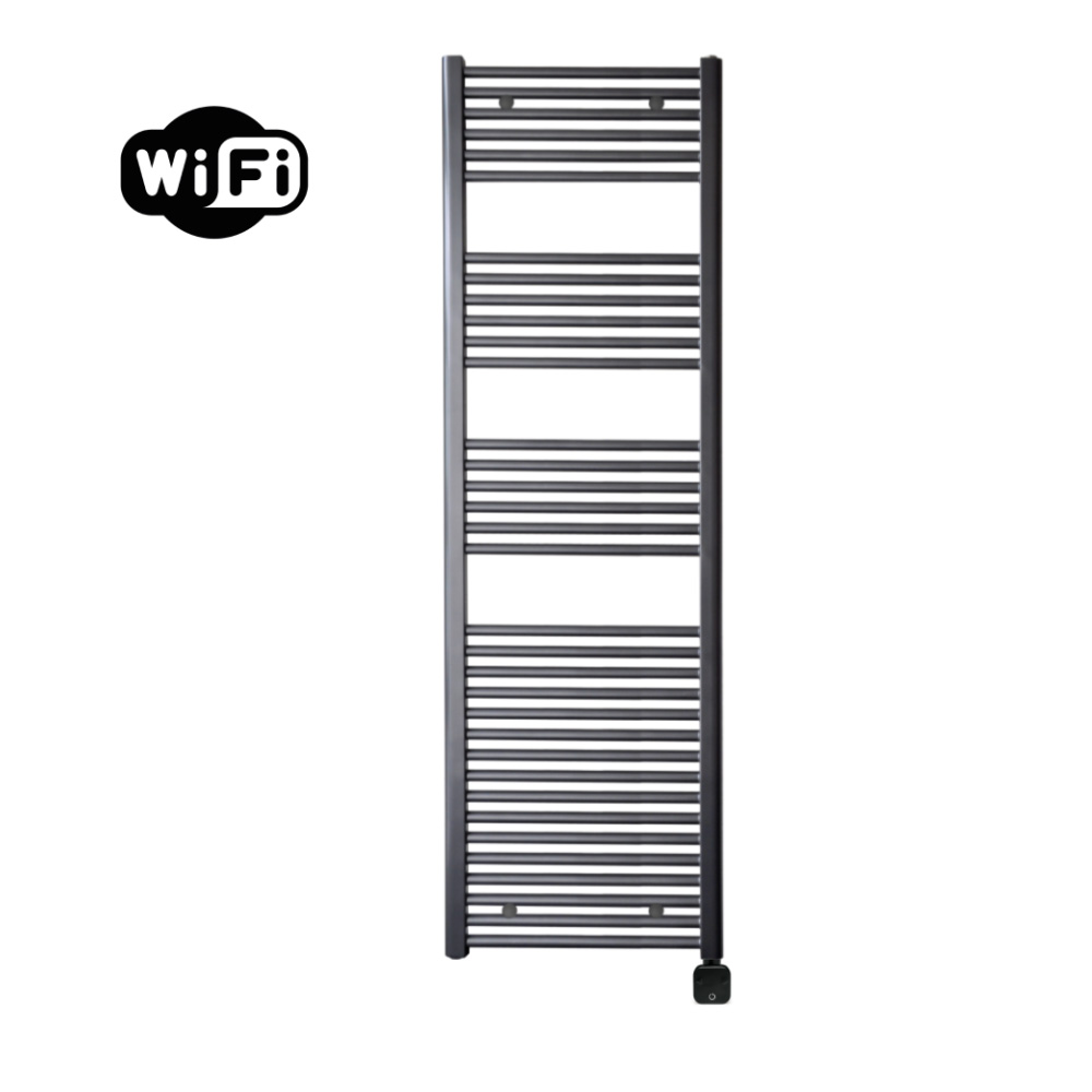 Sanicare Carini elektrische Wifi radiator 172x60cm gunmetal met thermostaat zwart rechtsonder