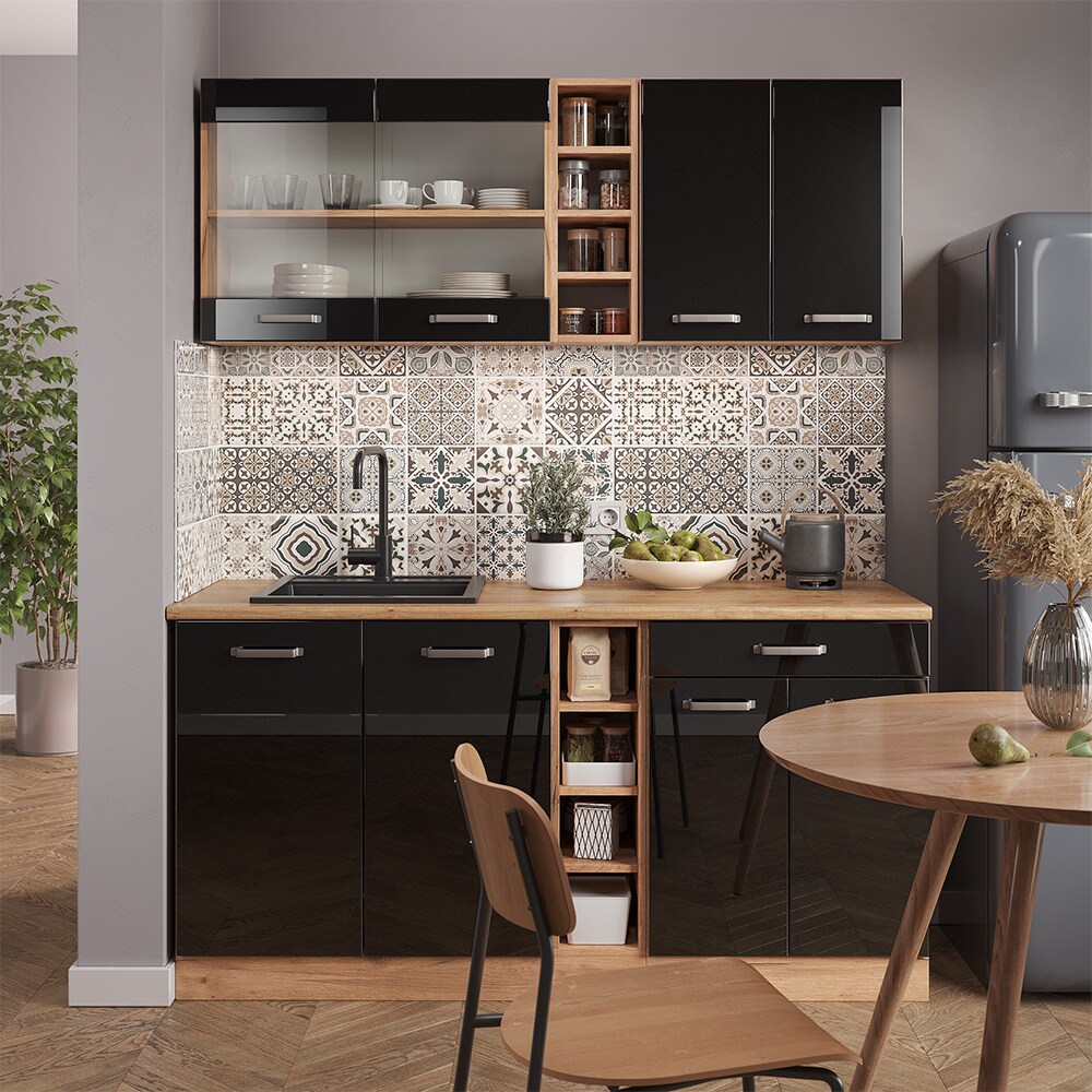 Vicco Küchenzeile R-Line Solid Eiche Schwarz 160 cm modern Küchenschränke Küchenmöbel