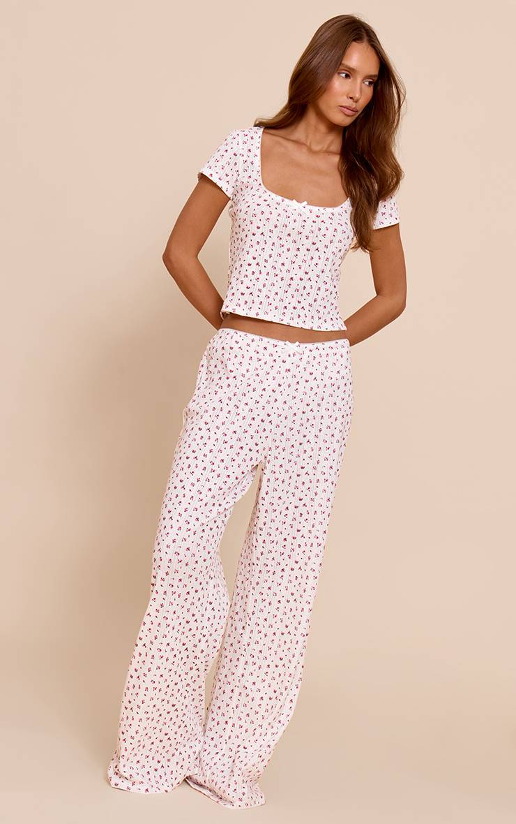 Multicolore Pantalon De Pyjama Blanc Pointelle À Motif Fleuri
