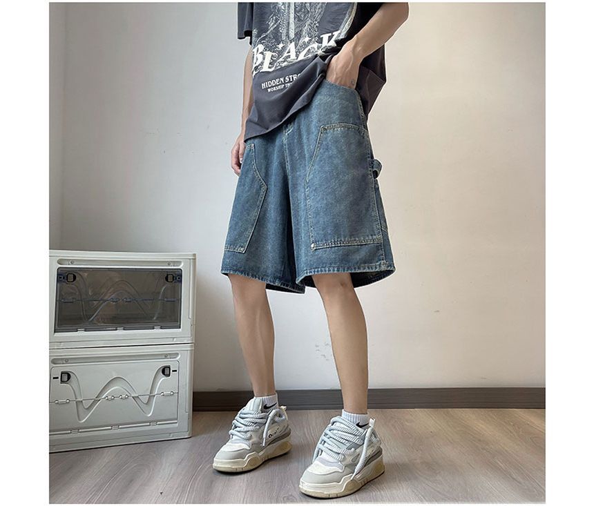 Whyessa - Low Rise Washed Wide Leg Cargo Denim Shorts