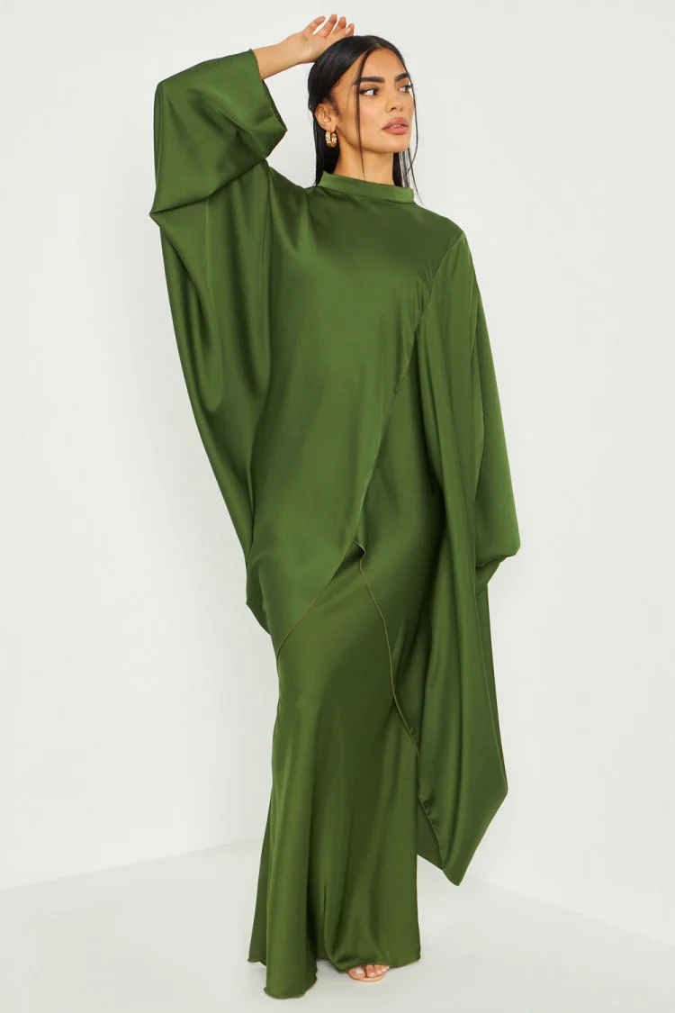Ensemble 2 pièces tunique + jupe longue satiné kaki