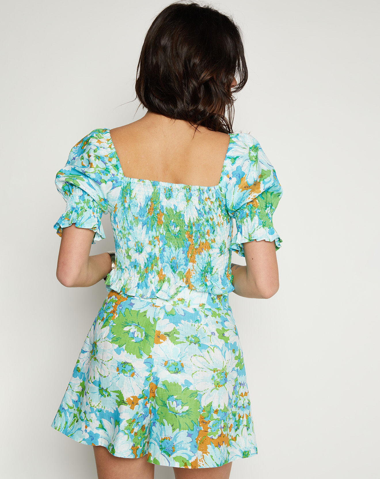 Faithfull the Brand Top 100% Lin Lenora imprimé fleurs bleu/vert