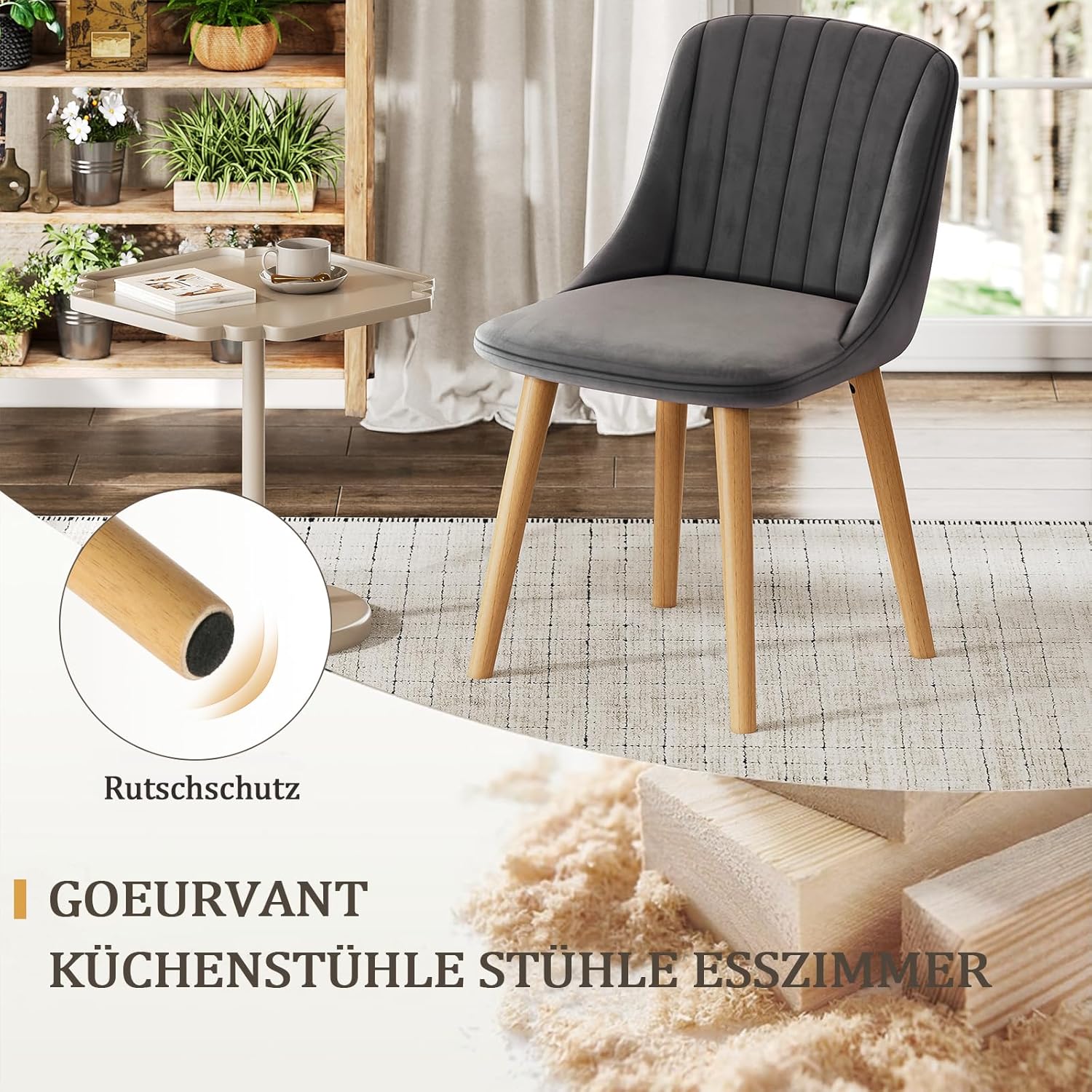 Esszimmerstühle 6er Set Samt Polsterstuhl Küchenstuhl Wohnzimmerstühle mit Rückenlehne und Massivholz-Beine, Dunkelgrau