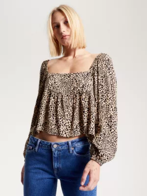 Blusa peplum em viscose com estampa de leopardo