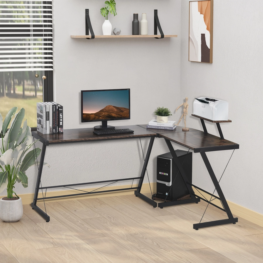 HOMCOM Eckschreibtisch schwarz, Holzmaserung