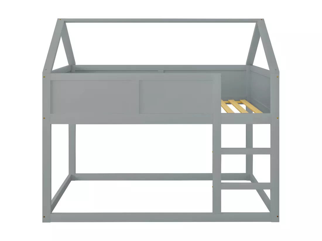 Lit superposé 90x200cm, lit cabane enfant avec escalier et 1x sommier à lattes en haut, cadre en bois massif, gris bois