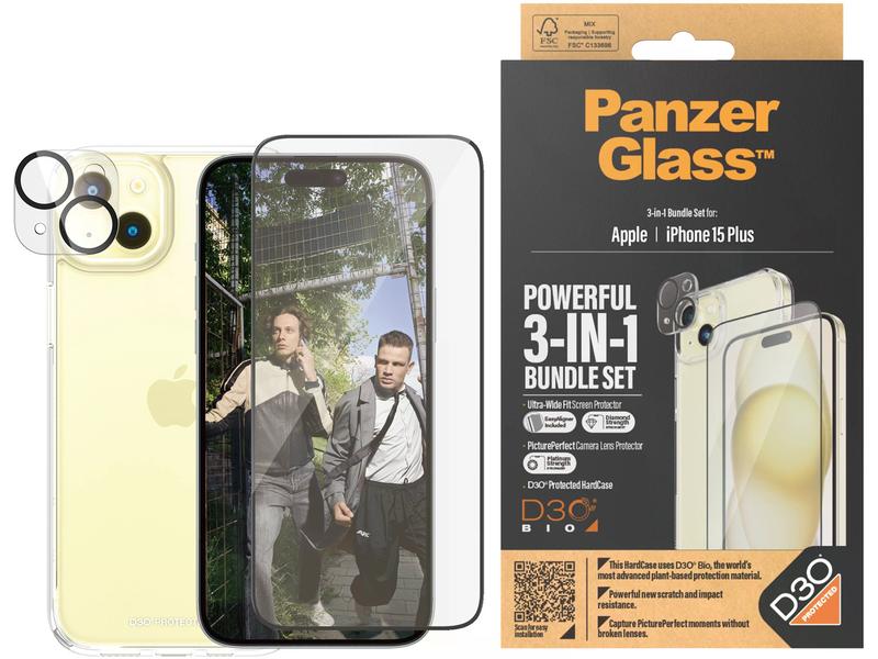 Panzerglass 3-in-1 Bundle iPhone 15 Plus 3-in-1 Set mit Bildschirmfolie, Schutzhülle und Kamera-Schutz für das Apple iPhone 15 Plus
