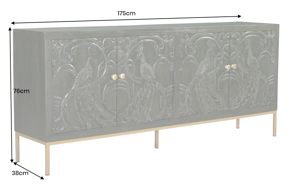 Massives Sideboard PEACOCK 175cm grün Mangoholz antik 3D Schnitzerei Pfau-Design