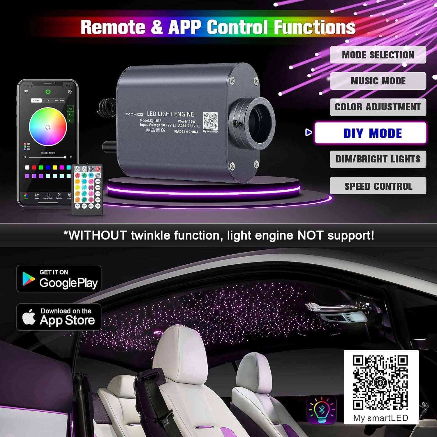 16W Meteor Sternenhimmel Auto, 550pcs*0.75mm*4m Sternenhimmel Glasfaser mit Shooting Star Light Kit RGBW Bluetooth-APP/Fernbedienung Led Glasfaser Licht für Auto/Decke
