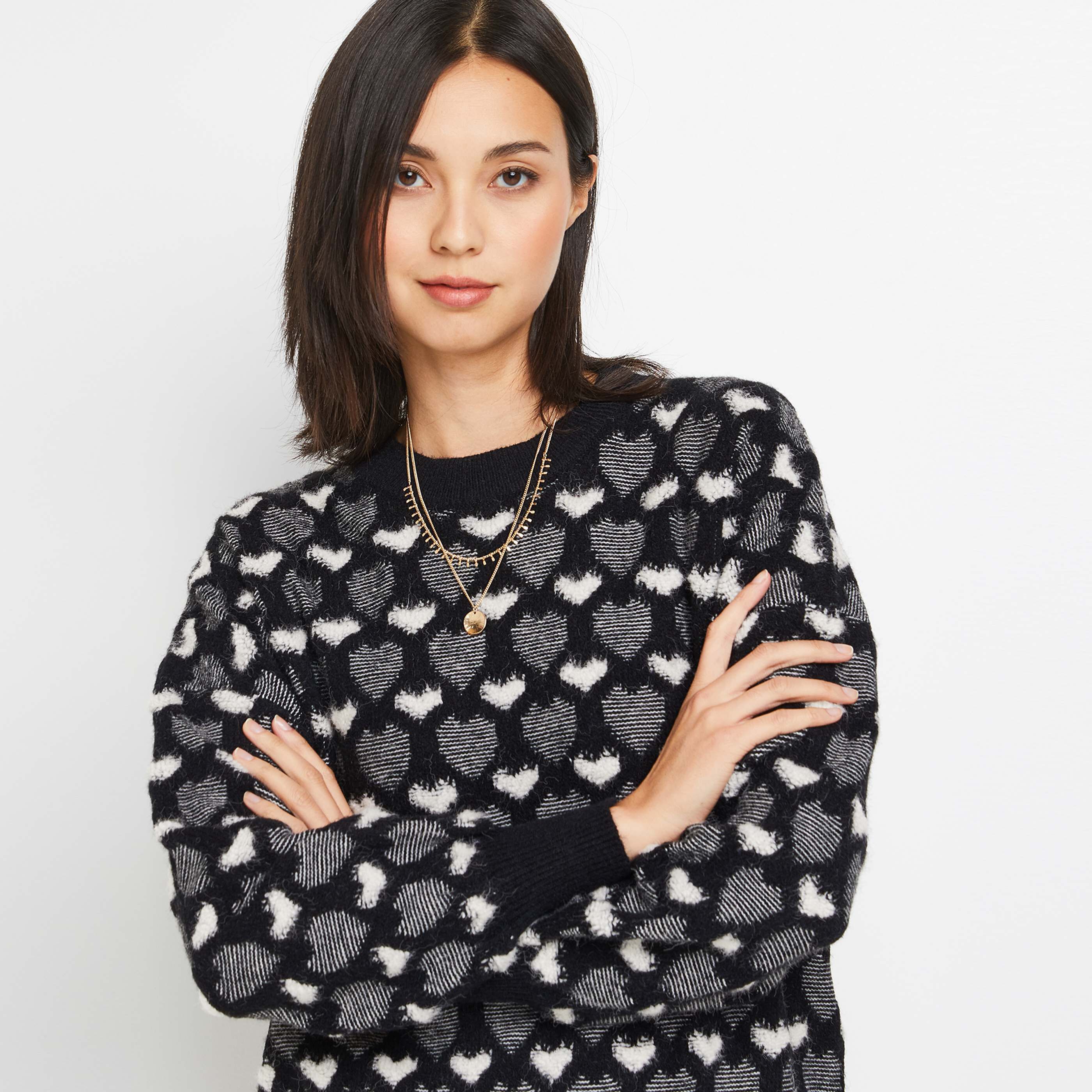 Pull jacquard coeur femme - NOIR