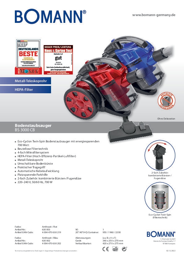 BOMANN Bodenstaubsauger BS 3000 CB Eco-Cyclon Rot 700 Watt