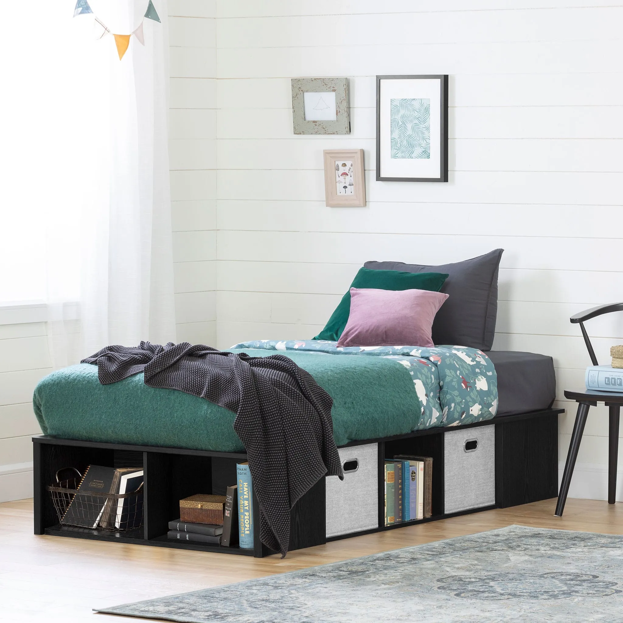 South Shore Lit Simple Plateforme avec Paniers Flexible - Chêne Noir