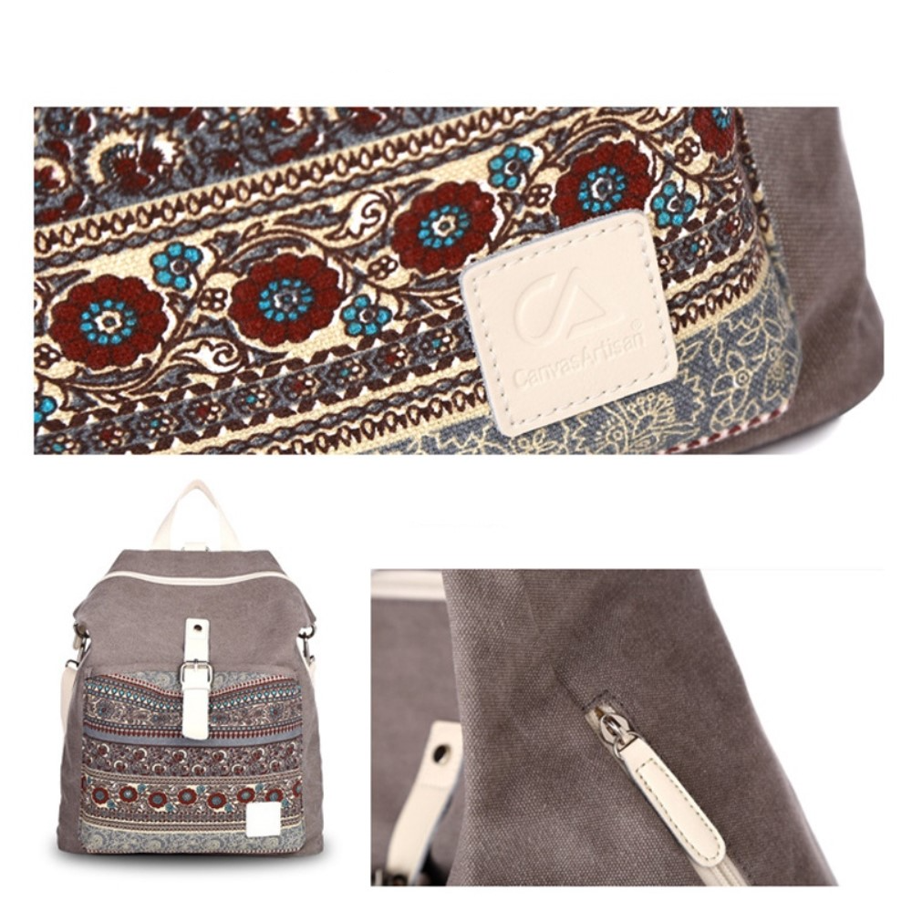 (38x30cm) Leinen Rucksack Fashion Umhänge Schulter Tasche Ethno Style - Grau