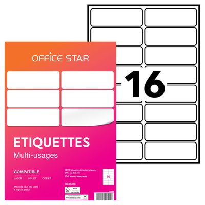 Office Star - 1600 Étiquettes multi-usages blanches - 99,1 x 33,9 mm - réf OS43436