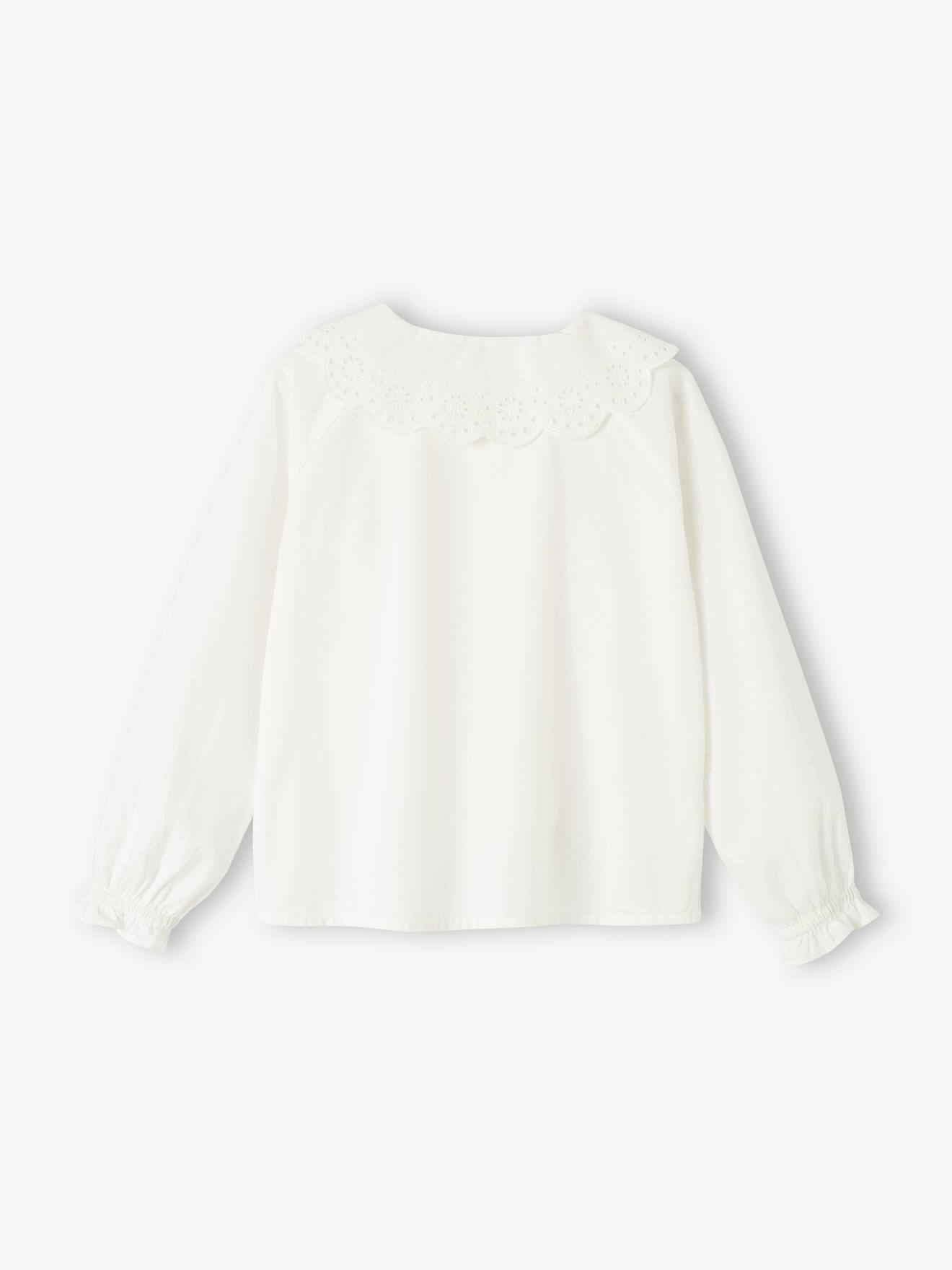Camisa off-white com gola bordada em estilo inglês para meninas