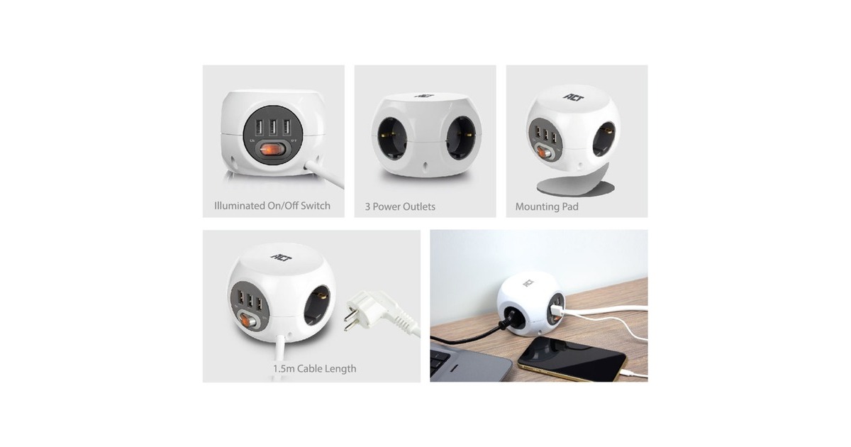 ACT ConnectivityVierkante stekkerdoos (PDU) met 3 sockets type F, 3 USB-A poorten, 1,5m  (Wit)