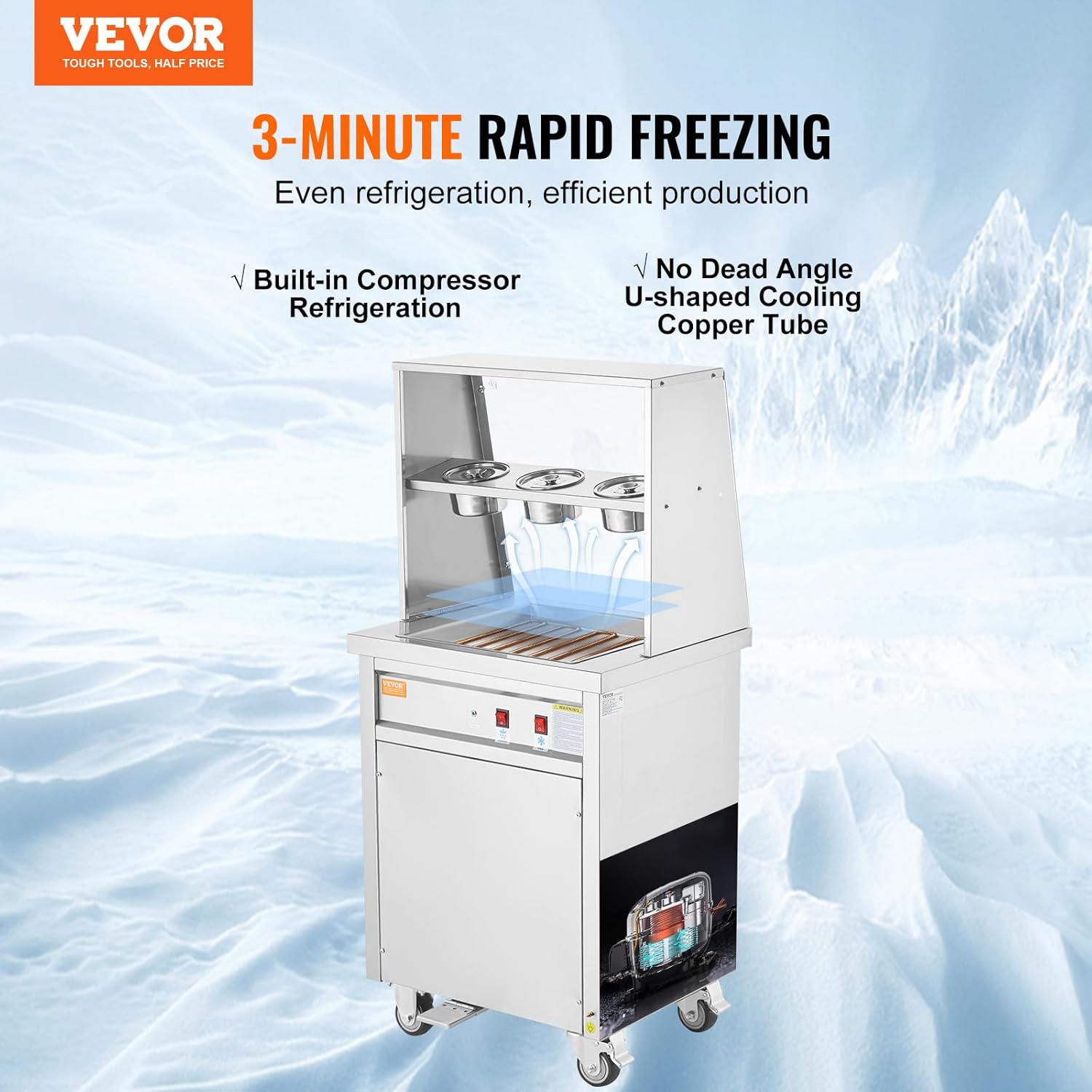 VEVOR Maschine für Frittierte Eisrollen, Quadratische 35,4 x 35,4 cm Große Pfanne zum Frittieren von Eis, Kommerzielle Eismaschine aus Edelstahl mit Kompressor und 2 Schabern