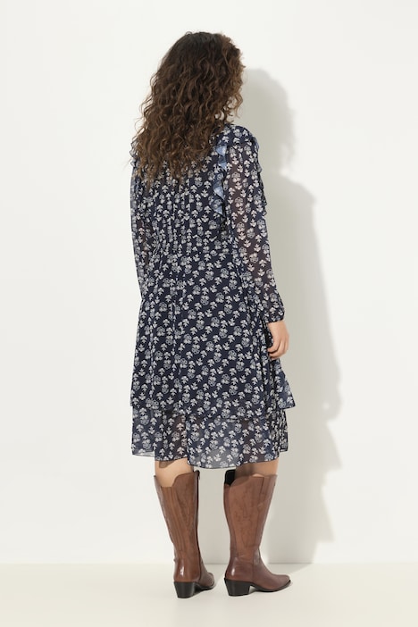 Kleid, doppellagig, V-Ausschnitt, Rüsche, Langarm