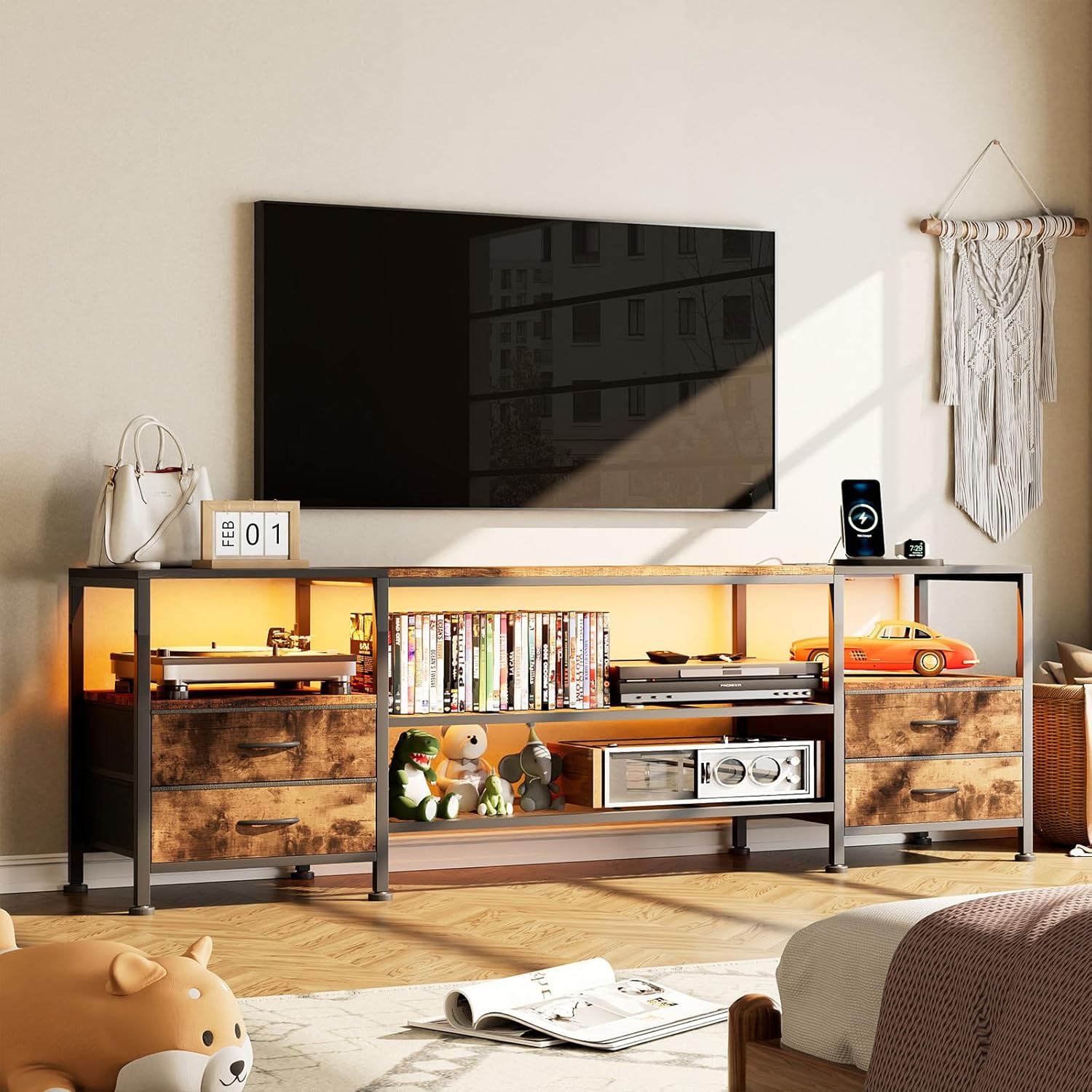TV-Schrank für 70 Zoll Fernseher Lowboard für TV Fernsehtisch mit 4 Schubladen 4 offenen Fächern,160x40x63 cm TV-Schrank mit LED-Lichtleiste und Steckdosen für Wohnzimmer Schlafzimmer Braun