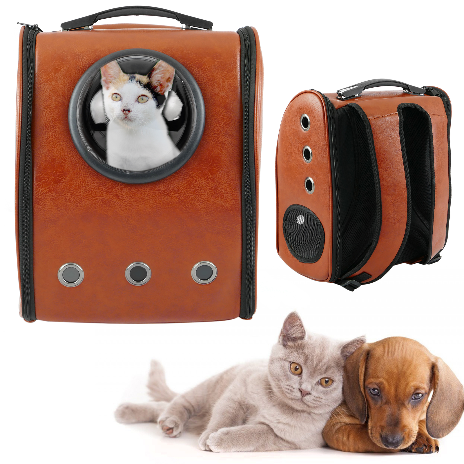 Mochila transportadora para cães e gatos, em couro sintético marrom.
