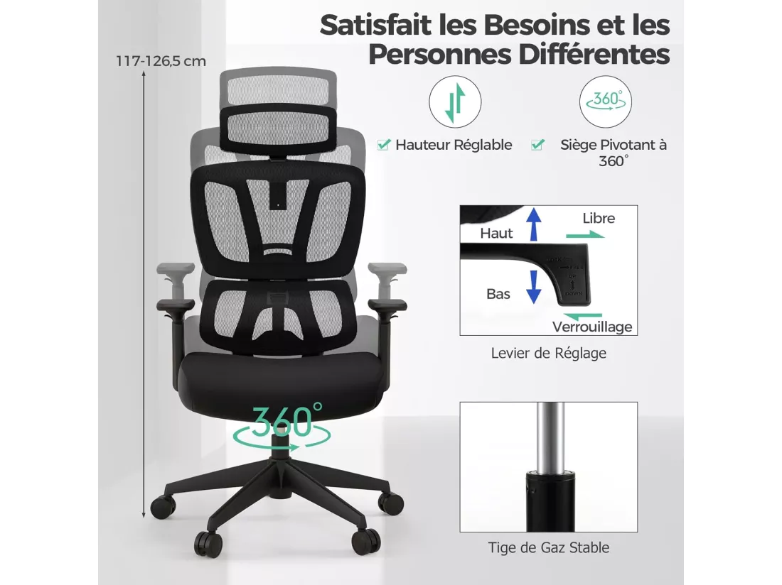 Chaise de Bureau Ergonomique, Fauteuil Bureau Inclinable Pivotant Réglable en Hauteur, Maille Respirante, Support Lombaire en C, Appui-tête, Accoudoirs et Dossier Ajustables, Noir